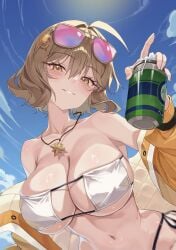 absurdres ahoge anis_(nikke) anis_(sparkling_summer)_(nikke) armpit_crease bare_shoulders big_breasts bikini blue_sky blush blush_lines blushing breasts brown-framed_eyewear brown_hair can cleavage cloud collarbone commentary day drink_can eyepatch_bikini eyewear_on_head female foam from_below glasses glasses_on_head goddess_of_victory:_nikke grin hair_between_eyes hair_ornament hairclip hand_up highres holding holding_can jacket jewelry large_breasts long_sleeves looking_at_viewer looking_down navel necklace off_shoulder official_alternate_costume open_clothes open_jacket outdoors parted_lips pendant purple-tinted_eyewear sagoni_ch short_hair side-tie_bikini_bottom skindentation sky smile soda soda_can solo stomach sunglasses sunglasses_on_head swimsuit tinted_eyewear upper_body white_bikini yellow_eyes yellow_jacket