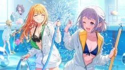 4girls bikini black_bikini blonde_hair blue_bikini blue_eyes blue_ribbon blush braid breasts broom brown_hair bucket cleaning cleavage closed_eyes collarbone empty_pool fujita_kotone gakuen_idolmaster game_cg grey_hair grin hair_ribbon half_up_braid halterneck hanami_saki highres holding holding_broom holding_bucket holding_hose hood hooded_jacket hose idolmaster indoors jacket jacket_over_swimsuit katsuragi_lilja kimi_to_semi_blue_(idolmaster) long_hair low_twin_braids medium_breasts medium_hair mole mole_under_eye multiple_girls official_alternate_costume official_art on_one_knee one_eye_closed open_mouth orange_hair partially_unzipped pool ribbon ribbon_braid shiun_sumika short_hair sidelocks single_off_shoulder smile standing straight_hair swimsuit twin_braids two_side_up upper_body v-shaped_eyebrows water water_drop white_jacket