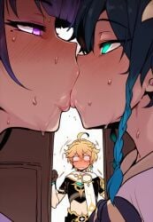 2boys aether_(genshin_impact) ai_generated blonde_hair blush female frown genshin_impact green_eyes kissing male mole_under_eye multiple_males netorare purple_eyes purple_hair raiden_shogun sweat sweating tongue_kiss venti_(genshin_impact)