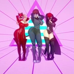 3girls animated ann_takamaki ass ass_shake atlus big_breasts blonde_hair bouncing_breasts breasts brown_hair dancing fully_clothed kasumi_yoshizawa koikatsu makoto_niijima me!me!me! me!me!me!_dance music persona persona_5 persona_5_royal red_hair sumire_yoshizawa tagme video