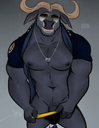 2018 bgn bovine buffalo bulge chief_bogo clothing disney eyewear glasses horn jewelry looking_at_viewer male male_only mammal muscular muscular_male necklace penis penis_base police seductive smile solo sunglasses underwear undressing zootopia