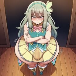 1futa ai_generated blush bottom_heavy bulge bulge_through_clothing clothed crossed_arms frustrated green_hair high-angle_view kusanagi_nene nervous_sweat novelai pov precum_through_clothing project_sekai skirt standing thick_thighs wide_hips wooden_floor