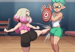 ai_generated ass backboob ballbusting balls big_balls big_breasts big_bulge big_butt breasts bulge cbt cock_and_balls_torture crotch_shot evil_grin femboy femdom fighting green_eyes green_hair gym huge_breasts impact_effect impact_lines inkling inkling_boy kickboxing kicking kicking_balls large_breasts leg_up motion_blur motion_lines pearl_(splatoon) roundhouse_kick self_upload shocked shorts shortstack smug splatoon splatoon_(series) splatoon_2 tamakeri tank_top target turning_around twink yasuhikonsfw yoga_pants yoga_shorts