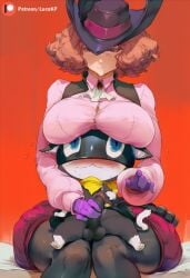 1boy 1girls ai_generated anthro black_body black_fur blue_eyes blush breasts_on_head brown_hair button_gap dominant_female female femdom fluffy_hair genitals grabbing_penis handjob haru_okumura haru_okumura_(noir) hat large_breasts legs_apart legs_spread lucakp male massive_breasts morgana_(persona) nervous nervous_sweat patreon patreon_link patreon_logo patreon_reward patreon_url patreon_username penis persona persona_5 phantom_thief_suit precum red_background simple_background sitting tagme tail testicles