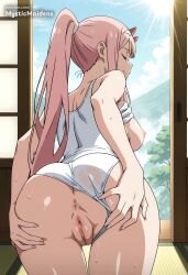 ai_generated anime anime_style anus ass blue_sky breasts closed_eyes closed_mouth clothes_lift clothing_aside cloud darling_in_the_franxx day female from_behind hairband hentai hi_res horns long_hair medium_breasts mystic_maidens nipples one-piece_swimsuit patreon patreon_username pink_hair ponytail presenting pussy sky solo spread_ass sun sweat swimsuit tank_top thigh_gap thighs uncensored white_hairband white_one-piece_swimsuit zero_two_(darling_in_the_franxx)