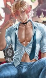 1boy abs blonde_hair digital_art digital_painting gender_transformation kitagawa_marin male male_only marin_kitagawa muscles my_dress_up_darling patreon patreon_artist patreon_reward pink_eyes pinup rule_63 school_uniform seated sexy sexy_body smile sono_bisque_doll_wa_koi_wo_suru