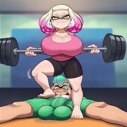 1boy1girl 1girl1boy afraid ai_generated ballbusting balls barbell barbell_squats big_balls big_breasts big_bulge breasts bulge bursting_breasts cbt cbt_threat cleavage femdom from_below green_eyes green_hair gym huge_balls huge_breasts imminent_ballbusting imminent_cbt implied_castration inkling inkling_boy large_breasts legs_apart looking_at_viewer nervous pearl_(splatoon) self_upload shorts shortstack smug splatoon splatoon_(series) splatoon_2 stepping_on_balls tank_top twink weights yasuhikonsfw yoga_shorts