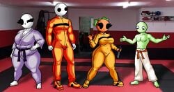 2boys2girls 2girls2boys bald barefoot belt black_belt black_eyes breasts chetoh claire_(chetoh) cleavage craig_(chetoh) egg eggmale feet female gi green_body height_difference karate_gi leaf leaf_hair looking_down looking_down_at_self male mandy_(chetoh) oc orange orange_body orange_clothing original original_character original_characters photo_background posing purple_clothing red_belt shirtless shoes smile smiling smiling_at_viewer topless topless_male white_body wink winking winking_at_viewer