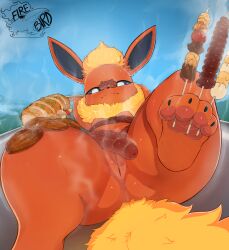 1 absurd_res anthro ass barbecue barbecue_grill big_butt bodily_fluids breasts canid canine eeveelution female firebirddraws flareon fluffy fluffy_tail food food_fetish food_on_body food_on_face food_play fur generation_1_pokemon genitals glistening glistening_body hi_res looking_at_viewer mammal nintendo nipples paws pokemon pokemon_(species) raised_leg red_body semi-anthro solo spread_legs spreading steam sweat sweaty_butt sweaty_legs sweaty_thighs tail thick_thighs vulva wide_hips