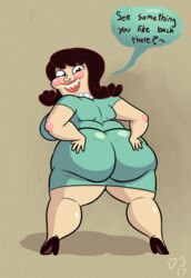 2017 ass bbw big_ass brown_hair chubby dustindemon female grin hands_on_ass high_heels highres huge_ass looking_at_viewer looking_back milf mom_(the_bagel_and_becky_show) necklace overweight pearl_necklace simple_background skirt solo the_bagel_and_becky_show tight_clothing