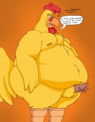 20th_century_fox anthro ass avian avian_legs balls belly belly_overhang belly_tuft big_belly big_butt bird blush blushing_at_viewer breasts cel_shading chicken dialogue digital_drawing_(artwork) digital_media_(artwork) embarrassed_horny english_text erection ernie_the_giant_chicken family_guy feathered_body feathers fluffy_balls galliform genitals hi_res holding_breast holding_moob male male_focus male_only moobs nipples obese obese_anthro obese_male orange_background overweight overweight_anthro overweight_male penis pent_up phasianid pt80s0up requesting sex_request shaded simple_background solo speech_bubble sunken_eyes tail tail_feathers text throbbing throbbing_penis tired tired_eyes tuft winged_arms wings