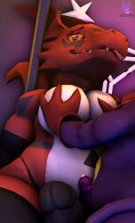 absurd_res anthro bandai_namco big_chest bodily_fluids bulge clothing digimon digimon_(species) duo erection fangs genital_fluids guilmon hand_on_chest hi_res impmon looking_at_viewer male male/male moobs pole precum qualske98 reptile scalie stripper_pole teeth thong tongue tongue_out underwear