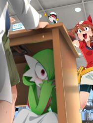 1boy 2girls better_version_at_source blush creatures_(company) cum_in_mouth female flushed flushed_face furry game_freak gardevoir haruka_(pokemon) human humanoid khyleri lowres male may_(pokemon) nintendo pokemon tagme under_desk under_table under_the_table