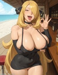 ai ai_art ai_generated alcohol alternate_breast_size areola_slip arm_under_breasts bar(place) bar_stool bare_shoulders beach black_choker black_dress black_sleeves blonde_hair blue_sky bottle breasts choker cleavage cleft_of_venus collarbone covered_navel covered_nipples curvy cynthia_(pokemon) day detached_sleeves dress fellatio_gesture female female_only grey_eyes hair_ornament hair_over_one_eye handjob_gesture horizon huge_breasts large_areolae large_breasts long_hair looking_at_viewer microdress nail_polish naughty_face no_panties ocean ok_sign open_mouth oral_invitation outdoors pokemon pussy pussypeek sand shore short_dress skindentation sky smile solo stool strap_gap sweat tagme taut_dress teeth thighs tight_clothes tight_dress tongue tongue_out uncensored upper_teeth_only very_long_hair water web_address xxai yellow_nails