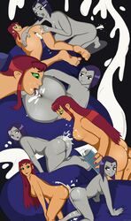 2girls anilingus artist_request ass ass_to_ass blush dc dc_comics female female_only food_play green_eyes grey_skin long_hair multiple_girls nude orange_skin purple_hair rachel_roth raven_(dc) red_hair sideboob starfire straight_hair teen_titans whipped_cream whipped_cream_can yuri