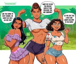 2d 2d_(artwork) 2d_artwork 3girls athletic athletic_female big_breasts brown_hair cousins dark-skinned_female dark_skin dialog dialogue dialogue_bubble dress encanto english_text flexing flexing_arms isabela_madrigal large_breasts looking_at_viewer luisa_madrigal medium_hair mirabel_madrigal mus muscles muscular muscular_female pixiqueenie shorts sisters smile smiling smiling_at_viewer solo speech_bubble standing talking talking_to_viewer text toned toned_female waving white_shirt