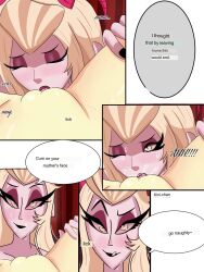 2girls age_difference charlie_morningstar_(hazbin_hotel) cheating_girlfriend cheating_wife comic comic_page cum cum_in_face cunnilingus dirty_talk english_text female female/female female_only hazbin_hotel horny kiui-chan lilith_morningstar_(hazbin_hotel) mother_and_daughter older_female_and_younger_female oral pussy pussy_juice sex squatting squatting_on_face squirt squirt_on_face squirting text tongue_out yuri