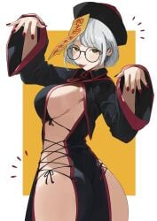 ass breasts china_dress chinese_clothes dress female female_only glasses hat highres jiangshi jiangshi_costume large_breasts looking_at_viewer nail_polish no_panties ofuda ofuda_on_head original outstretched_arms qingdai_guanmao red_nails round_eyewear short_hair sideboob solo string ushiwaka_06 white_hair wide_sleeves yellow_eyes zombie_pose