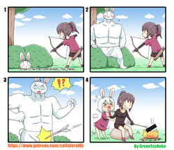 !? >_< 2girls 4koma :q absurdres animal animal_ears arrow artist_name bar_censor black_shirt black_shorts blue_sky blush bow_(weapon) brown_gloves brown_hair bunny bunny_ears bush campfire censored closed_eyes closed_mouth cloud collarbone comedy comic commentary_request day erection feminization fire funny gloves greenteaneko hair_ribbon high_ponytail highres holding holding_bow_(weapon) holding_weapon humor long_hair long_sleeves m2f male_to_female mongirl_4koma multiple_girls open_mouth original outdoors penis ponytail profile purple_footwear purple_ribbon purple_shirt quiver ribbon rock shirt short_over_long_sleeves short_shorts shorts silver_hair sitting sky spoken_interrobang tongue tongue_out tree watermark weapon web_address |_|