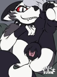 3:4 absurd_res animal_genitalia animal_vulva anthro bedding bedding_background big_ears big_tail black_body black_claws black_collar black_ears black_fur black_nose black_pawpads black_tail black_vulva canid canid_demon canine canine_genitalia canine_vulva cheek_tuft claws clothing collar countershading demon facial_tuft fangs feet female finger_fuck fingering fur genitals grey_body grey_fur grin grinning_at_viewer hellaverse hellhound helluva_boss hi_res legs_up legwear looking_at_viewer loona_(helluva_boss) lying mammal masturbation mohawk multicolored_body multicolored_fur mythological_canine mythological_creature mythology on_back pawpads paws presenting presenting_vulva red_sclera smile smiling_at_viewer solo spiked_collar spikes spread_vulva spreading stockings suiro tail teeth thigh_highs tuft two_tone_body two_tone_fur vaginal_masturbation vaginal_penetration vulva white_body white_countershading white_eyes white_fur white_inner_ear white_tail