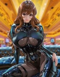 1girls big_breasts brown_eyes brown_hair digital_art digital_painting female girl larigblood lupin_iii mine_fujiko patreon patreon_artist patreon_reward pinup pinup_art pinup_girls seated sexy sexy_body