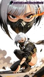 1girls 2026 ai_generated artist_name braid covered_mouth delta_force electroworld female hackclaw_(delta_force) hi_res high_quality high_resolution highres jacket mask mouth_mask patreon patreon_username shell_casing solo stable_diffusion watch watermark