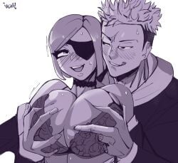 1boy 1girls big_breasts breast_grab breasts choker cleavage clothed_male eye_patch eyepatch female grabbing_breasts huge_breasts indralvspaizuri itadori_yuuji jujutsu_kaisen kugisaki_nobara large_breasts lingerie_bra male semi_nude source_request straight