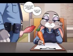 2026 animal_genitalia animal_penis anthro belt belt_buckle belt_pouch big_breasts biped black_bars blue_clothing bored breasts buckle canid canine canine_genitalia canine_penis canis carrot_pen chair claws clipboard clothed clothing detailed_background dialogue digital_drawing_(artwork) digital_media_(artwork) disney door ears_down english_text eyebrows eyelashes female front_view frown fur furniture genitals grey_body grey_fur half-closed_eyes hand_on_head hi_res holding_object holding_pen inside judy_hopps knot knotted_penis lagomorph larger_anthro larger_male leporid letterbox lollipopcon male mammal multicolored_body multicolored_fur narrowed_eyes necktie partial_male paws pen pen_(object) penis pink_nose pivoted_ears police police_officer police_station police_uniform pupils purple_eyes rabbit sexual_harassment sitting size_difference solo speech_bubble standing table talking_to_another text throbbing throbbing_penis two_tone_body two_tone_fur uniform unnamed_character unprofessional_behavior white_body white_fur white_sclera wolf zootopia