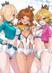 3girls absurdres aqua_jacket belt belt_buckle big_breasts blonde_hair blue_belt blue_eyes breasts brooch brown_hair cleavage commentary crown earrings english_commentary flower_brooch flower_earrings gold_crown hair_over_one_eye hand_on_own_hip highres jacket jewelry large_breasts mario_(series) mario_kart medium_breasts micro_shorts mini_crown multiple_girls murmoruno navel nintendo one_eye_closed open_clothes open_jacket open_mouth pink_jacket princess_daisy princess_peach princess_rosalina race_queen rosalina shorts silver_crown sisters star_(symbol) star_brooch star_earrings thighhighs white_thighhighs yellow_jacket