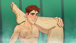 2d animated bara beard big_pecs blue_eyes daddy dilf dispatch_(game) gay gubgubgum hand_behind_head implied_anal locker_room male male_only moaning muscular muscular_male no_visible_genitalia phenomaman robert_robertson shower size_difference small_dom_big_sub sound spread_legs tagme video