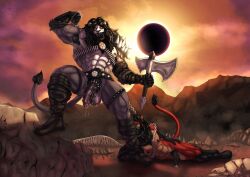 accessory anthro armpit_hair armwear axe ball_tuft balls belt big_balls big_dom_small_sub big_muscles big_penis black_body black_fur black_mane black_nipples black_penis black_sclera bodily_fluids body_hair bone boots boots_only chain_leash chains clothing cock_ring desert desert_background dominant duo eclipse elbow_gloves facial_piercing fangs felid flexing footwear footwear_only fur genital_fluids genitals gloves grungoth_borgzan grungotharts half-erect handwear harness hi_res humanoid_genitalia humanoid_penis jewelry kirlan leaking_precum leash leather leather_boots leather_clothing leather_footwear leather_gloves leather_handwear lion male male/male mammal mane mostly_nude muscular muscular_anthro muscular_male musk musk_cloud musky_armpit musky_balls nipple_piercing nipples nose_piercing pantherine penis penis_accessory penis_jewelry piercing precum pubes red_body red_fur sex_slave shoes size_difference slave tail tan_body tan_fur teeth tuft tusks yellow_eyes