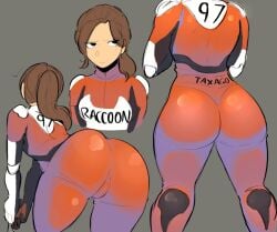 1girl ass biker_clothes bodysuit breasts brown_hair claire_redfield elza_walker gloves gun handgun holding holding_gun holding_weapon long_hair looking_at_viewer official_alternate_costume ponytail resident_evil resident_evil_2 solo throwloops weapon