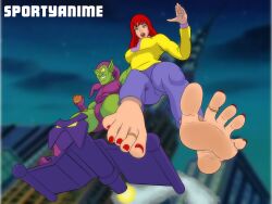 1boy 1girls abducted absurdres afraid barefeet barefoot feet flying foot_fetish foot_focus green_eyes green_goblin in_the_air kidnapped kidnapped_female marvel marvel_comics mary_jane_watson mary_jane_watson_(spider-man:_the_animated_series) red_nails soles spider-man:_the_animated_series spider-man_(series) sportyanime toe_rings toes yellow_sweater