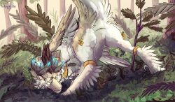 animal_genitalia blind_eye cloaca deinonychus dinosaur dromaeosaurid eyewear feathered_dinosaur feathered_scalie feathers female feral fern forest forest_background genitals glasses golden_rings hi_res hollyvardia hollyvardia_(character) horn looking_at_viewer nature nature_background plant prehistoric prehistoric_species raised_tail reptile saurischian scalie solo tail theropod tree wearing_glasses