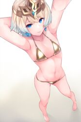 armpits arms_up bikini blonde_hair blue_eyes blue_hair blush earrings fire_emblem fire_emblem_heroes fjorm_(fire_emblem) flat_chest looking_at_viewer messatsu_tan short_hair smile tiara