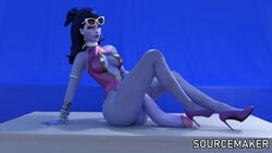 1futa 3d artist_name balls bent_penis big_balls blizzard_entertainment blue_skin breasts circumcised classy cleavage_cutout cote_d'azur_widowmaker dark_blue_hair dickgirl flaccid futa_only futanari glasses glasses_on_forehead half_nude heels highres hoop_earrings huge_cock intersex knees_up leaning_on_hands lipstick long_hair long_penis looking_at_viewer overwatch penis posing sitting slim solo_futa sourcemaker sunglasses sunglasses_on_head widowmaker