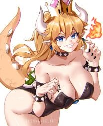 1girls armpit_crease artist_name ass bare_shoulders black_choker black_leotard black_nails blonde_hair blue_eyes blue_gemstone bowsette bracelet breasts bunnysuit choker cleavage collarbone commentary earrings english_commentary enma_(enmanuelart) enmanuelart20 eyelashes female female_only fire gem hair_between_eyes hands_up highres horns jewelry large_breasts leaning_forward leotard lips lizard_tail long_hair looking_at_viewer mario_(series) need_this_myself new_super_mario_bros._u_deluxe nintendo pointy_ears simple_background smile solo sparkle sphere_earrings spiked_bracelet spiked_choker spiked_shell spikes super_crown tail teeth thick_thighs thighs turtle_shell watermark white_background white_horns