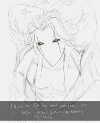 abdominals abs abs_focus black_sclera colored_sketch jester jester_cap jester_costume jester_hat jester_outfit long_hair long_hair_male monster monster_boy muscular muscular_male oneirocorrp open_clothes open_shirt pierrot_(the_freak_circus) selfie teratophilia text text_box the_freak_circus tiktok yellow_eyes