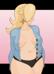 1girls areola areola_slip areolae belly_button blonde_hair cardigan_partially_removed cardinal_(bird) collarbone earring gradient_background hair_over_one_eye hips hips_wider_than_shoulders large_breasts milf milf_body mommy mrpumpernickel navel nintendo nipple_slip nipples open_mouth panties partially_clothed princess_rosalina rosalina super_mario_bros. super_mario_galaxy super_smash_bros. voluptuous voluptuous_female waist
