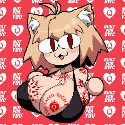 :3 ai_generated barely_contained big_breasts bleached blonde_hair bra cat_ears catgirl covered_in_tattoos looking_at_viewer massive_breasts neco-arc qoh queen_of_hearts raceplay smile tattoo