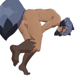 :3 absurd_res ass bent_over blue_hair blue_tail brand_new_animal feet female fluffy fluffy_tail flutterthely genitals hair hi_res humanoid low-angle_view michiru_kagemori nails nude rear_view smug solo studio_trigger tail toes vulva