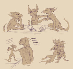 claws clothing coin cup dialogue drunk english_text female flamespitter horn kobold lizard male nude pussy reptile scalie simple_background text