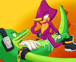 anal balls cum cum_in_ass espio_the_chameleon gay male penis size_difference sonic_(series) stomach_bulge thanu vector_the_crocodile