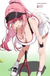 1girls alternate_costume bent_over black_hat blunt_bangs breasts cleavage commentary crop_top cropped_shirt english_commentary female female_only full_body hand_on_own_knee hat heavy_breathing high_ponytail highres holding holding_tennis_racket hololive hololive_english large_breasts long_hair looking_at_viewer miniskirt mori_calliope oioi_ainomo open_mouth paid_reward_available pink_eyes pink_hair pleated_skirt ponytail racket shirt shoes sidelocks skirt sneakers socks solo sportswear straight_hair sweatband tank_top tennis_racket tennis_uniform virtual_youtuber visor_cap white_shirt white_shoes white_socks white_tank_top