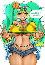 1340smile 1girls 2024 absurdres artist_name bracelet brazil brazilian brazilian_female brazilian_miku breasts cleavage ear_piercing earrings female female_only flag flag_clothing flower green_eyes green_hair hair_flower hair_ornament hatsune_miku highres large_breasts latin_american_hatsune_miku_(meme) long_fingernails long_hair looking_at_viewer nail_polish necklace shirt shirt_lift short_shorts shorts solo sunglasses sunglasses_on_head tan tan-skinned_female tan_skin tanline thong twintails underboob very_long_hair vocaloid watermark