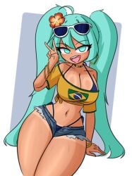 1girls ass aviyne big_ass big_breasts big_thighs brazil brazilian brazilian_female brazilian_miku breasts butt cleavage cyan_eyes cyan_hair dark-skinned_female dark_skin female female_only gigantic_thighs hatsune_miku huge_ass huge_breasts huge_thighs latin_american_hatsune_miku_(meme) long_hair looking_at_viewer shirt short_shorts shorts solo tagme tan tan_body tan_skin tanline thick_hips thick_thighs thighs thong twintails vocaloid wide_hips yellow_shirt