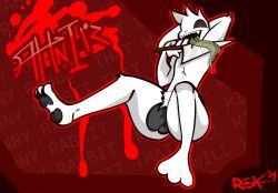 2024 absurd_res ahnir_(sparkothefailure) anthro balls black_penis black_sclera blood bodily_fluids demon flaccid genitals hand_behind_head hi_res joltrex knife knife_play lagomorph leporid licking_knife long_tongue male mammal paws penis rabbit red_eyes sharp_teeth signature solo teeth teeth_showing text tongue white_body