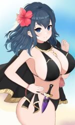 alternate_costume bikini black_bikini black_swimsuit blue_eyes breasts byleth_(female)_(fire_emblem) byleth_(female)_(summer)_(fire_emblem) byleth_(fire_emblem) byleth_(fire_emblem)_(female) byleth_(summer)_(fire_emblem)_(female) female fire_emblem fire_emblem:_three_houses fire_emblem_heroes kocha_(jgug7553) nintendo official_alternate_costume swimsuit teal_hair