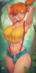 1futa abs ai_generated areolae armpits arms_behind_head arms_up asymmetrical_hair blue_shorts blush breasts bulge bulge_through_clothing cleavage clothing creatronart crop_top curvaceous denim denim_shorts erect_nipples erect_penis erection erection_under_clothes female female_only female_pubic_hair futa_only futa_sans_pussy futanari gen_1_pokemon green_eyes gym_leader heart hearts hips huge_breasts huge_cock kasumi_(pokemon) large_breasts legs lips looking_at_viewer midriff misty_(pokemon) muscle navel nipples open_fly open_shorts orange_hair outdoors parted_lips penis penis_peek pokemon pokemon_(anime) pokemon_(classic_anime) pokemon_(game) pokemon_character pokemon_rgby pokemon_species ponytail pubic_hair pubic_hair_peek shiny shiny_skin shirt short_hair short_shorts shorts side_ponytail smile solo standing suspender_shorts suspenders tank_top thick_thighs thighs tied_hair tree wide_hips yellow_shirt