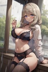 1girl ai_fingers ai_generated blonde_hair blue_eyes blushing bra busty_female classroom_of_the_elite j040 legging_straps leggings long_hair looking_at_viewer panties sitting_on_window_sill sleeve_only tsubaki_sakurako